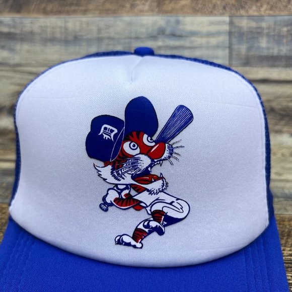 Detroit Tigers Mens Trucker Hat Blue Snapback 70s Alternate Logo Baseball Cap - Picture 2 of 7